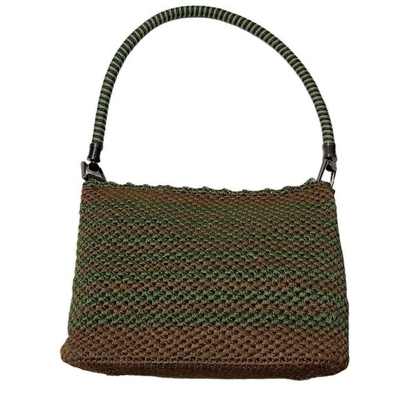 Vintage Unbranded Olive Green/Brown Knit Small Shoulder Baguette Bag - Picture 1 of 12